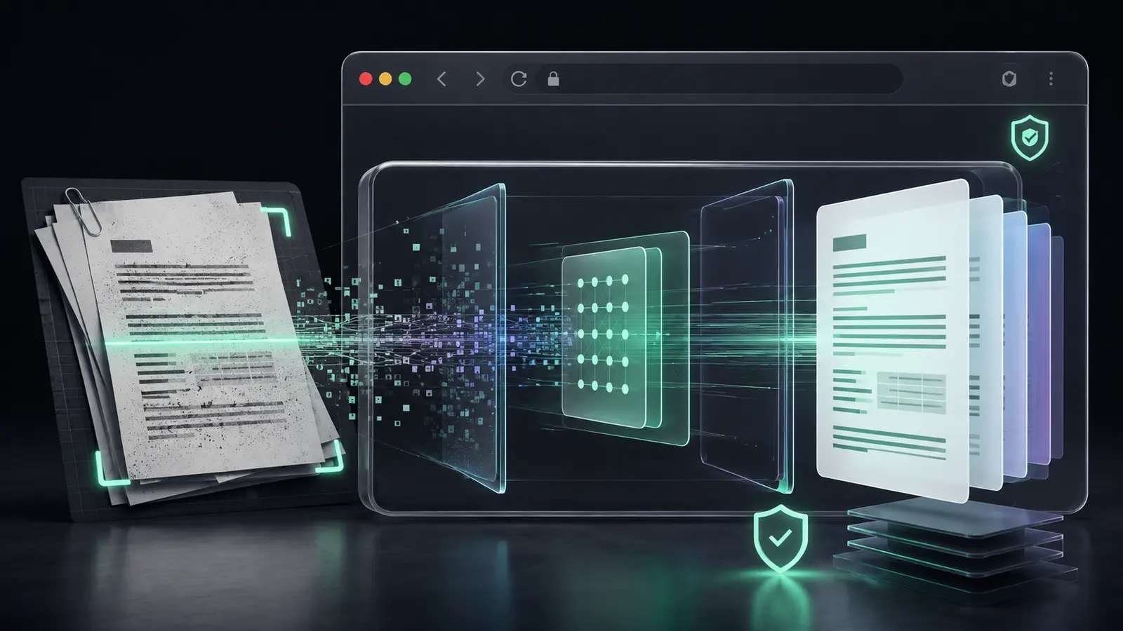 Documento escaneado passa por um navegador e se transforma em páginas com texto estruturado, protegido por símbolos de privacidade